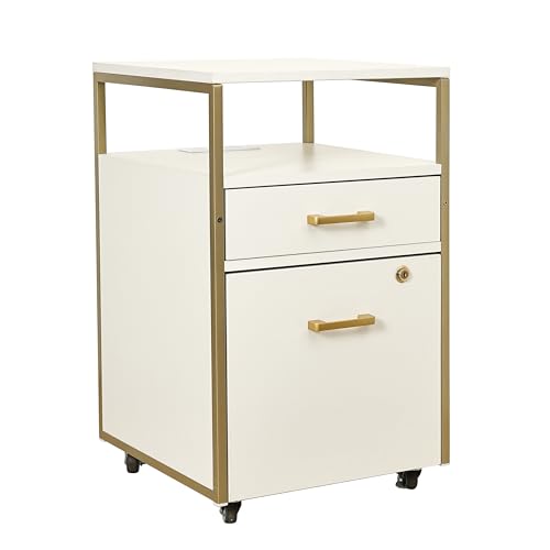 Techni Mobili Salon Storage Cabinet with Lock, 2 Drawer Organizer with USB Ports and Power Outlet, for Hair & Nail Supplies, Ideal for Professional Salons & Spas, White & Gold