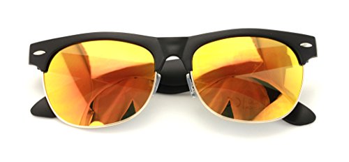 Classic Half Rim Round Vintage Retro Sunglasses (Matte Black, Orange Mirror)