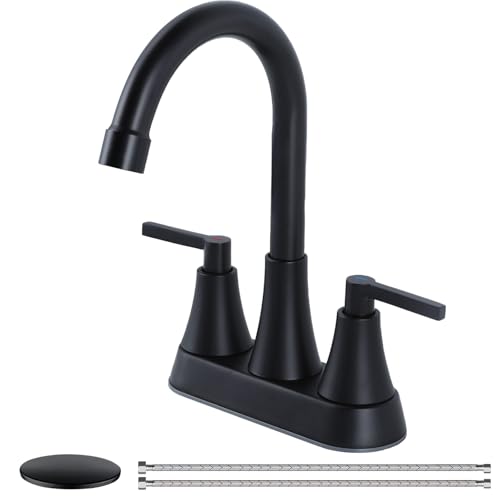 Friho 4 Inch Centerset Black Bathroom Faucet, 2 Handle Stainless Steel Matte Black Bathroom Faucet for Sink 3 Hole, Bath Faucet with Pop-up and Drain Supply Hoses for Restroom Vanity RV