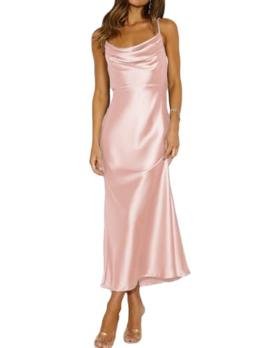 Image of Summer Satin Spaghetti Strap Cowl Neck Backless Midi Dresses for Women Elegant Tie Low Back Ruched Cocktail Dress