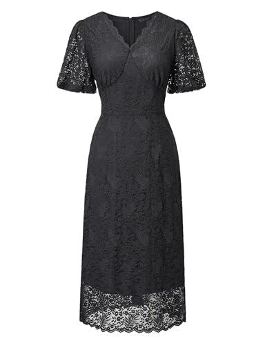 Image of Women's Lace Floral V-Neck Dress with Puff Sleeves and Back Zipper, Elegant and Romantic Design