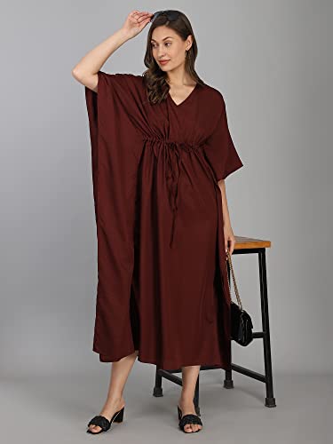 Image of Serein Women's Kaftan Dress (Maroon Polka Printed Crepe Kaftan Maxi with Waist String & V-Neck) (Maroon, Large) (SER-DRESS-GU-1-L)