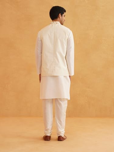 Image of SOJANYA (Since 1958 Men's Cotton Linen Maroon Kurta and White Pyjama with Mustard Cotton Nehru Jacket