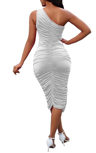 Image of Womens One Shoulder Dress Sexy Ruched Bodycon Midi Party Dress Sleeveless Cocktail Wedding Guest Club Night Outfit