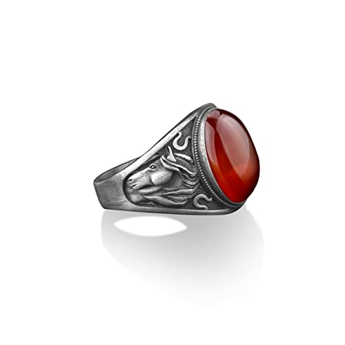 Bysilverstone Jewelry Maned Horse & Horseshoe Lucky Charm, Carnelian Gemstone Signet, Sterling Silver Mens Rings, Pinky Rings For Women, Gifts For Stablemen #TOP28