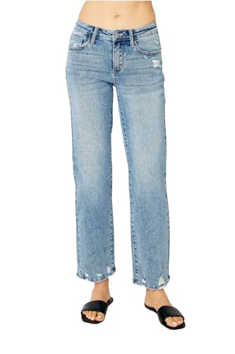 Judy Blue Women's Mid Rise Medium Wash Distressed Straight Leg Jeans