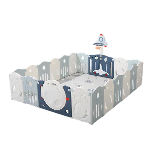 Image of 52 Sq Ft Extra Large Baby Playpen | Space-Themed 20-Panel Play Yard with Ultra Soft Mat, Basketball Hoop & Ball Pit | Indoor /Outdoor Toddler Fence | Blue-White | ISO & CE Certified (7.87x6.56 FT)