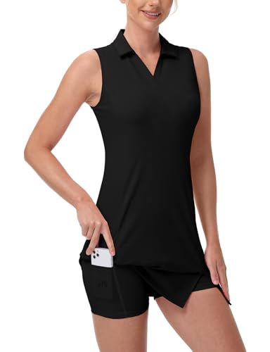 BGOWATU Women's Tennis Dress Sleeveless Collared V Neck Golf Polo Dress Side Slit Sports Dress with Shorts and Pocket4