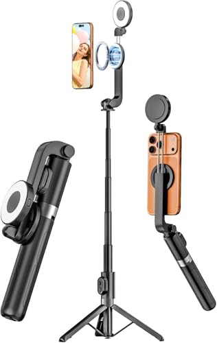 USKEYVISION Magnetic Selfie Stick Tripod with Light & Remote Phone Tripod with Magnetic Holder for Magsafe 360 Rotatable Cellphone Stand for iPhone/Android for Video Recording Vlogging(SPT-02)