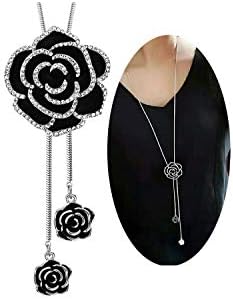Shining Diva Fashion Long Chain Black Crystal Rose Flower Pendant Necklace for Women and Girls
