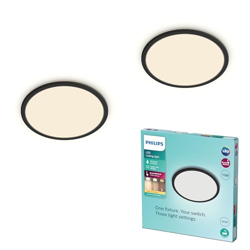 Philips Led Soffitto Bagno Superslim, Nero, 15W, Luce Bianca Calda 2.700K, 3 Impostazioni Di Luce - Dimmerabile Senza Dimmer, Protezione Ip44, Confezi
