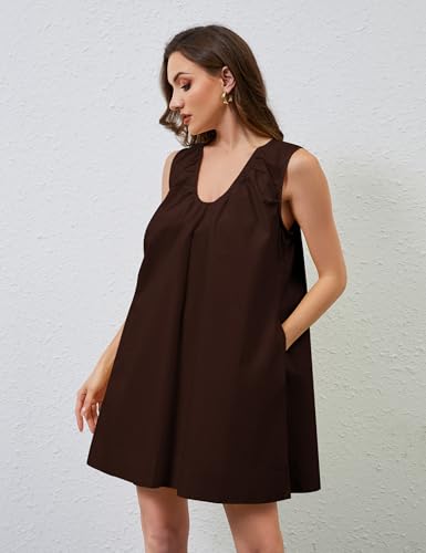 Image of OLAPTA Women Summer Sleeveless Babydoll Mini Tank Dresses Loose Fit Scoop Neck Ruched Short Dress with Pockets Party Clubwear