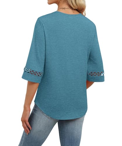 Image of WIHOLL Womens Tops Eyelet Lace V Neck 3 /4 Bell Sleeve Blouses Dressy Casual Work Shirt 2026 Summer Fall Fashion Clothing