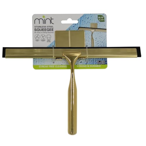 Image of J&V TEXTILES All-Purpose Stainless Steel Shower Squeegee for Glass Doors with Adhesive Hooks, Squeegee for Shower Glass, Bathroom Household Cleaner Tool, 10 Inch (Gold)