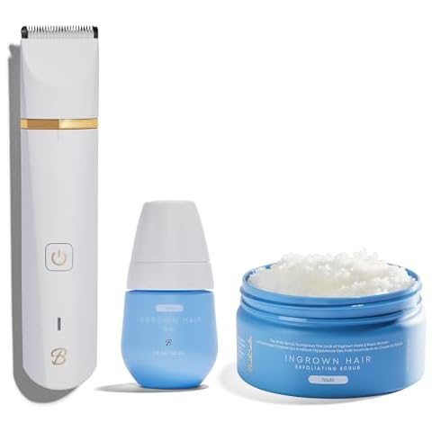 Bushbalm Nude Exfoliating Scrub (236 ml), Nude Ingrown Oil (30 ml), and Francesca Trimmer Electric Shaver - Routine for Ingrown Hair & Razor Bumps Prevention Cover