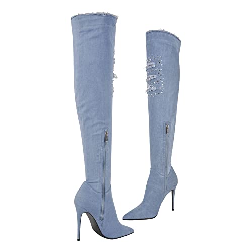 richealnini Sexy Pointed Toe Stilettos High Heels Thigh High Boots Denim Cowboy Cowgirl Over the Knee Boots for Women3