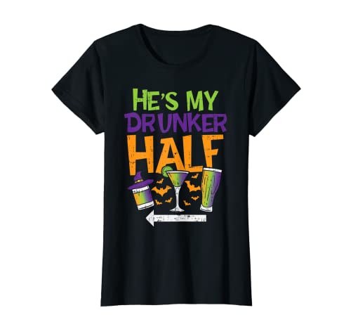 Donna hes my drunker half halloween drinking couple matching gift maglietta