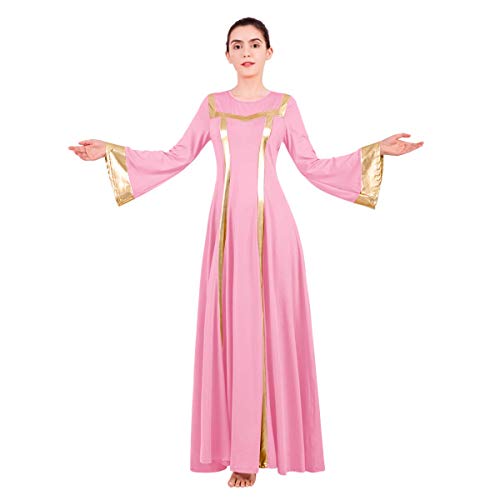Women Metallic Praise Dance Dress Liturgical Church Worship Costume Bell Long Sleeve Bi Color Lyrical Robe Dancewear Holy Thursday Clothes Rogation Days Worship Clothing Pink + Gold Xs #TOP3