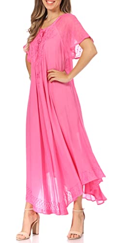Image of Sakkas Egan Long Embroidered Caftan Dress /Cover Up with Embroidered Cap Sleeves