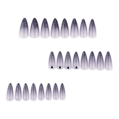 MISUD Press on Nails - Long Stiletto Fake Nails with Goth Black Ombre, Acrylic Bling Glitter Design 24 pcs