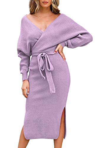 Image of Viottiset Women's V Neck Long Batwing Sleeve Wrap Midi Knit Sweater Dress Elegant Backless with Belt Slit