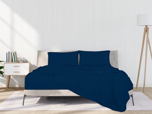 Image of ROYALE LINENS 3 Piece Twin Sheets Set - Soft Brushed 1800 Microfiber Bedding - 1 Fitted and 1 Flat Sheet, 1 Pillow case - Wrinkle Free & Fade Resistant - Hotel Luxury Bed Sheets Set (Navy, Twin)