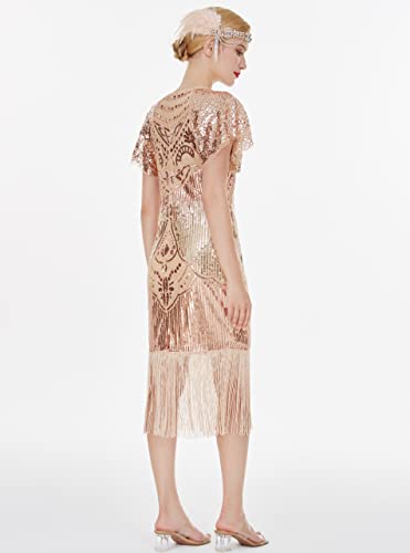 Image of 1920s Knee Length Flapper Party Dress Layer Tassels Hem Sequined Cap Sleeve Cocktail Dresses