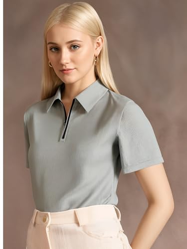 Image of Mack Jonney Ribbed |Regular Fit | Half Sleeves 100% Cotton Polo Neck Self Design with Zip T-Shirt for Women-M950