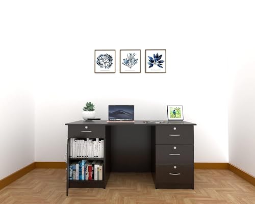 Image of CASPIAN Office /Computer Desk Cum Study Table (Rainforest Dark) | Engineered Wood Pre-Assembled Furniture with 4 Drawers & 1 Storage Cabinet with Key Lock | for Home, Office, Bedroom & Living Room
