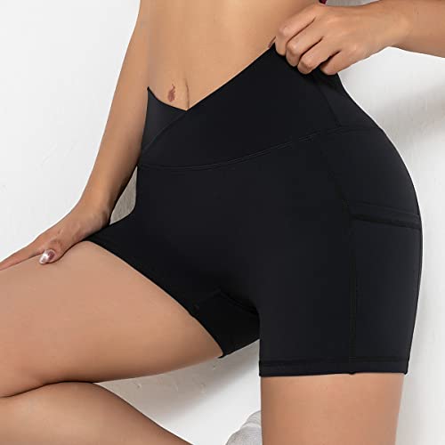 Darkterror Workout Shorts Women Spandex High Crossover Waist Gym Athletic Yoga Running With Pockets(Black-L) #TOP3
