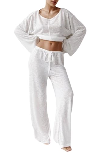 Hilinker Women's Sheer Mesh 2 Piece Pajama Set See Through Long Sleeve Top and Pants Lounge Sets