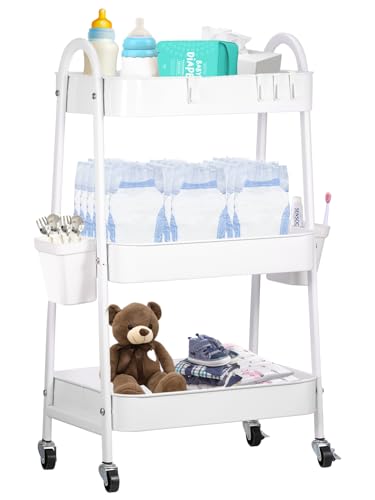 Image of Baby Diaper Caddy Cart Metal Nursery Storage Organizer 3-Tier Utility Rolling Cart Organizer for Baby Diapers and Newborn Essentials Storage
