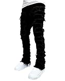 Conshvi Men's Mid Rise Stretch Skinny Jeans Distressed Patchwork Stacked Slim Fit Straight Leg Denim Pants,Black,Medium
