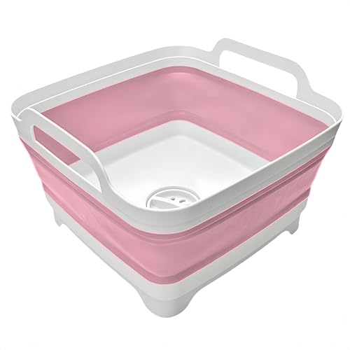 Image of Collapsible Wash Basin 9L, Foldable Dish Tub with Drain Plug, Portable Collapsible Dish Basin, Camping Sink for Washing Dishes, Laundry & Kitchen Use (Pink)