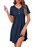 Crewhpo Chemise de Nuit Femme Coton Robe de Nuit à Manches Courtes Col V Vêtements de Nuit Ample Boutons Décoratifs Couleur Unie Bleu Marine XXL