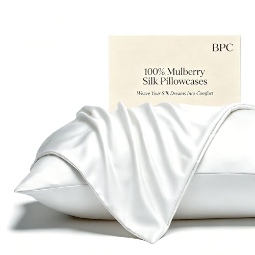 BPC 100% Mulberry Silk Pillowcases 2 Pack, Grade 6A ClimaSilk™ Silk Pillow Cases Standard Size, Both Sides, 600 Thread Count, with Hidden Zipper (20"x26", White)