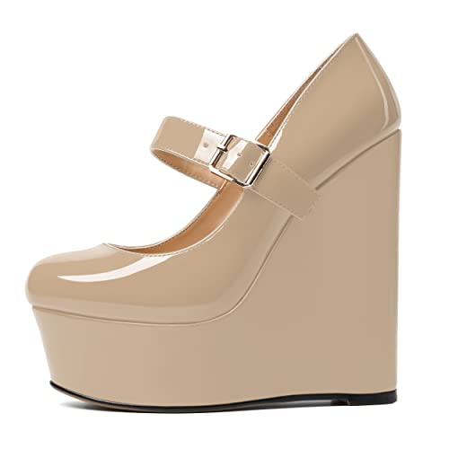 WAYDERNS Womens Dating Adjustable Strap Platform Mary Jane Round Toe Patent Buckle Cute Wedge High Heel Pumps Shoes 6 Inch2