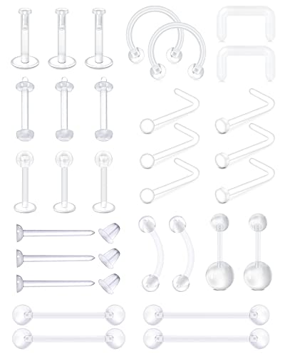 MODRSA 20g Clear Nose Studs and Rings for Work, Surgery - Plastic Septum Retainer, Cartilage Earrings, 16g Belly Button Rings