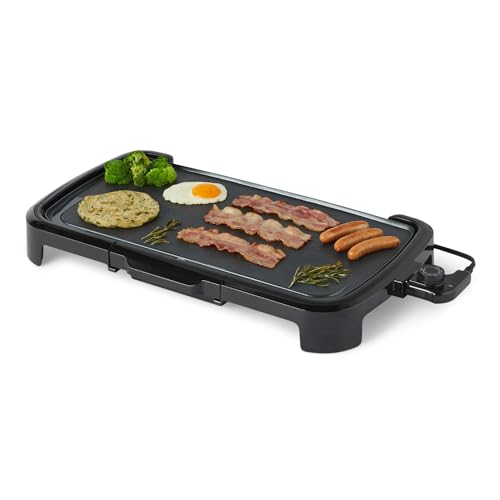 Amazon Basics Electric Griddle with Nonstick Ceramic Coating, Adjustable Temperature, Detachable Dishwasher Safe Plate, Drip Tray, 10 x 20 inches, Black