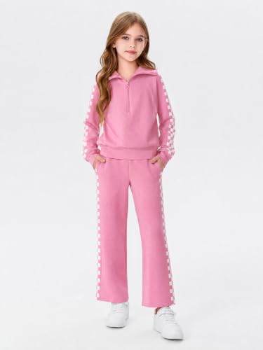 Image of Haloumoning Girls Sweatsuit 2 Piece Zip Long Sleeve Sweat Outfits | Half Zip,Waist drawstring,girls tracksuit