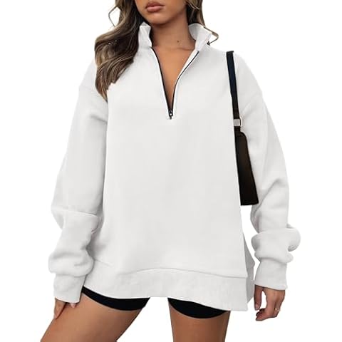BTFBM Women's Quarter Zip Sweatshirt 2024 Fall Spring Oversized Casual Long Sleeve Workout Pullover Y2K Clothes(Solid White, Medium) Cover