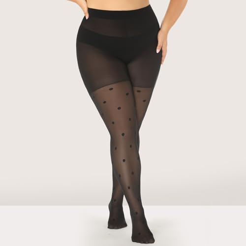 Image of Yilanmy Patterned Plus Size Tights Polka Dot 40D High Waist Black Leopard Sheer Pantyhose for Women