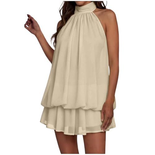 Vestido Mujer Sexy Sin Mangas Mini Vestidos Elegantes Verano Vestido Espalda Descubierta con Volantes Ligero Fluido Vestidos Holgado de Gasa Casual Dress para Fiesta Cocktail Playa (Khaki-b, S)