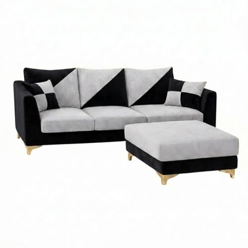 Image of Juliet 4 Seater L Shape Sofa Set with Movable Ottomans | Flexible Layout | Rich Velvet Suede Fabric | Silver Legs | Dual Tone Modern Sofa for Living Room (Black-Light Grey)