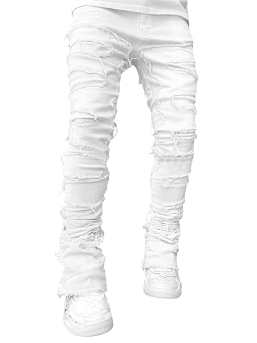 Men's Regular Fit Stacked Jeans Ripped Skinny Distressed Destroyed Straight Denim Pants Streetwear