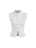 CIDER Womens Lace Mandarin Collar Guipure Split Tank Top Sleeveless Shirt Blouses White