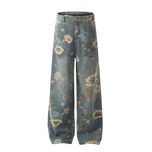 Baggy Jeans Woman Men Graphic Y2k Floral Jeans Loose Fit Oversize Unisex Flower Print Wide Leg Denim Pants