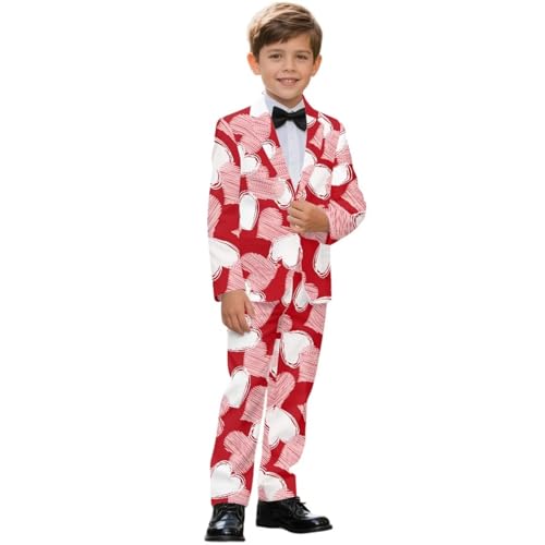 Mintulipy Suits for Boys White Heart Print Formal Wedding Tuxedo Slim Fit 2 Piece Suit Set Kids Casual One Button Suit Jacket Dress Pants with Pockets