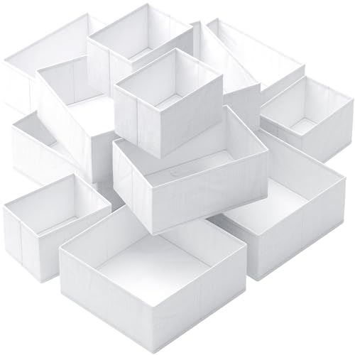 Image of Dresser Drawer Organizer Bins For Clothes Set of 12 - Perfect for Baby Clothes and Nursery Organization, Clothing or General Closet Organization and Storage for Underwear, Socks, Bra (White-Grey)