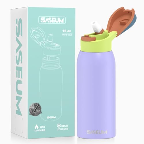 Saseum Kids Water Bottle with Straw, 16 oz Free-Sip Double-Wall Vacuum Insulated Stainless Steel Bottle, One-Click Open Design with Soft Silicone Spout, BPA-Free, Ideal for School, Sports & Travel